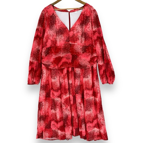 Eshakti Dress Womens 2X Red Midi Tiered Long Sleeve V-Neck Modest Chiffon Print - Picture 1 of 11